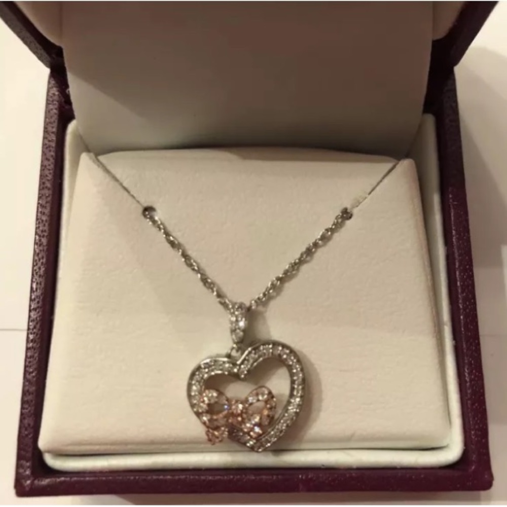 Diamond Heart/Rose Gold Bow 10ct Gold Necklace